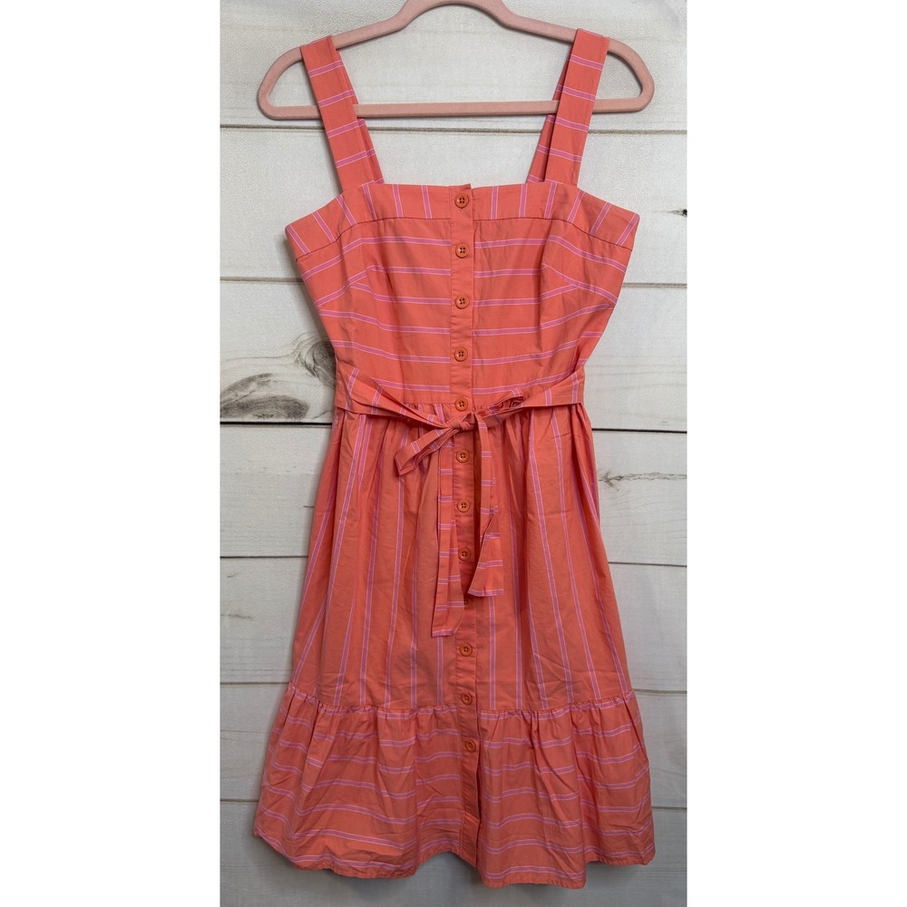 Gal Meets Glam Collection Coral Pink Striped Button Front Tie Waist Dress Size 4